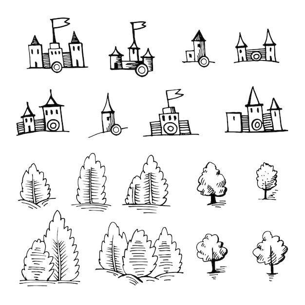 Example design elements to make your own fantasy or treasure maps. Includes city, forest. Imitation of medieval drawings. Hand drawn sketch vector