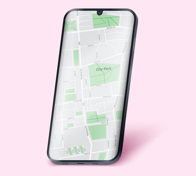 Vector example frameless model smartphone with map on screen.