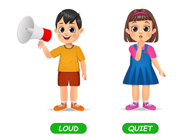 Esempio di aggettivi opposti parola per bambini. isolato su bianco