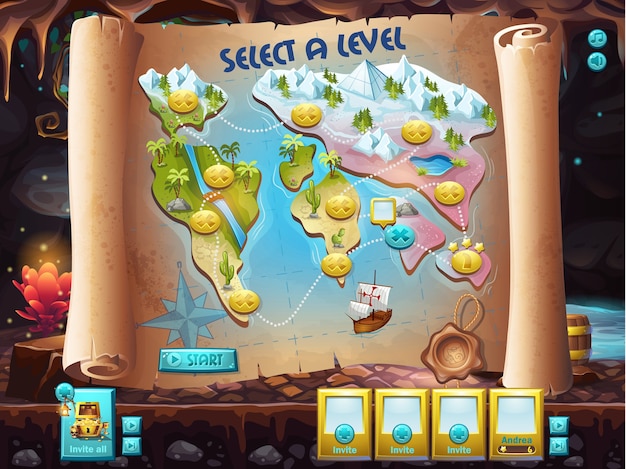 Example of the user interface to select the level to play treasure hunt.