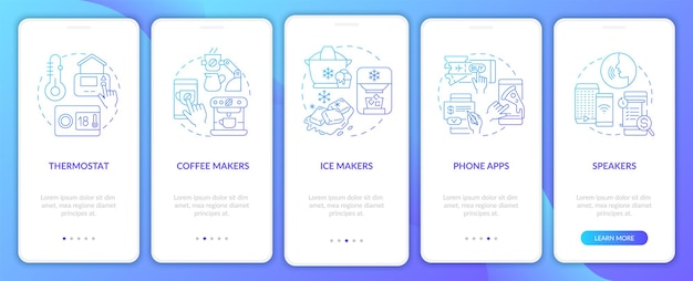 Examples of daily automation blue gradient onboarding mobile app screen Walkthrough 5 steps graphic instructions pages with linear concepts UI UX GUI template Myriad ProBold Regular fonts used