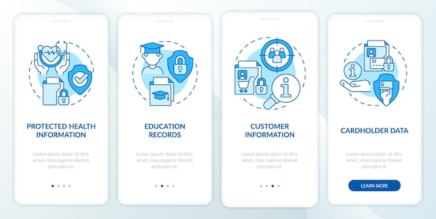 Examples of sensitive blue data onboarding mobile app screen. Identity walkthrough 4 steps graphic instructions pages with linear concepts. UI, UX, GUI template. Myriad Pro-Bold, Regular fonts used