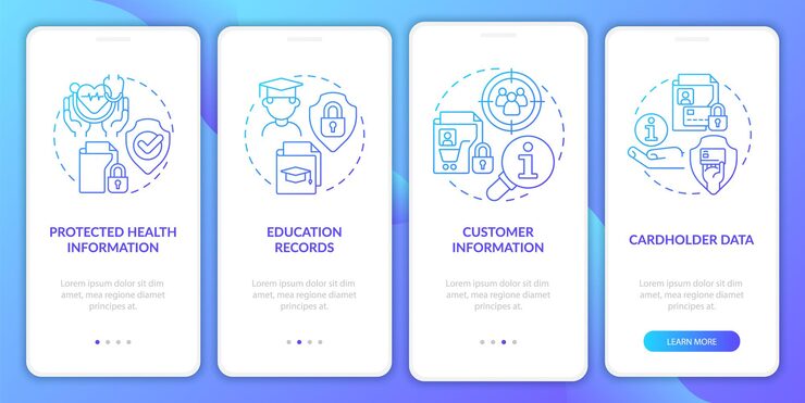 Vector examples of sensitive data blue gradient onboarding mobile app screen walkthrough 4 steps graphic instructions pages with linear concepts ui ux gui template myriad probold regular fonts used