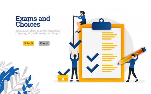 Exams and Choices Flat character for learning and survey consultants vector illustration concept