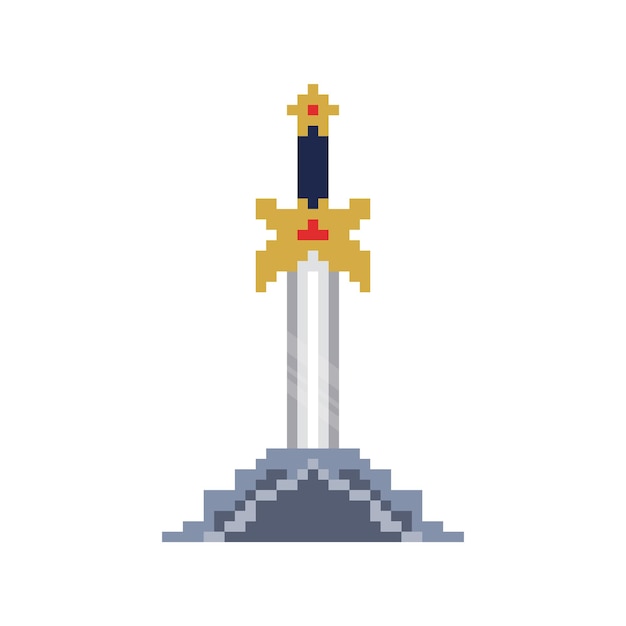 Excalibur sword embedded in stone with pixel style