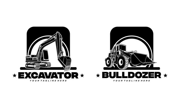 Il logo dell'escavatore e del bulldozer progetta l'icona dell'illustrazione vettoriale del concetto per lo sviluppo edilizio, la riparazione, la costruzione e l'approvvigionamento di attrezzature pesanti