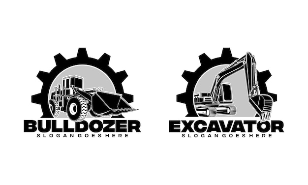 Логотип экскаватора и бульдозера разрабатывает концептуальную векторную иллюстрацию для жилищного строительства, ремонта, строительства и закупки тяжелого оборудования