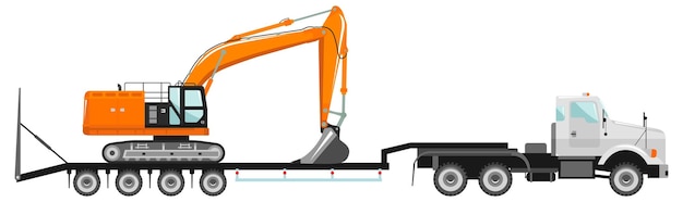 Excavator on Car Carrier Truck Icon in Flat Style Vector Illustration