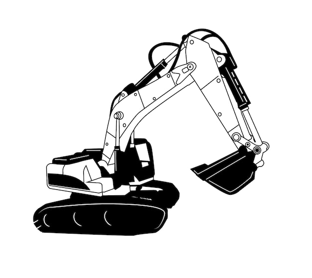 Excavator construction machine  vechiel silhouette, vector, black and white illustration