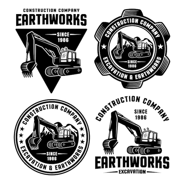 Vector excavator and earthworks set of four vector black emblems, badges, labels or logos for construction company isolated on white background