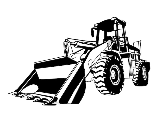 Vector excavator line art illustration in black and white style