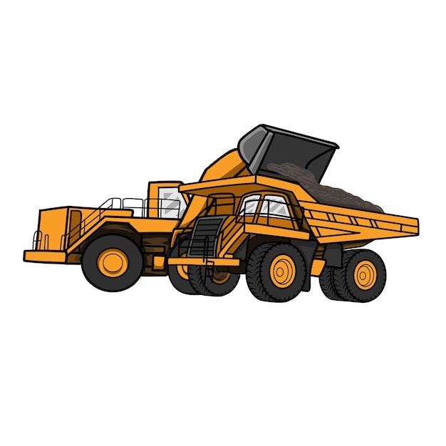 Excavator and Loader activity on mining site Vector Illustration. Excavator loading soil dump truck