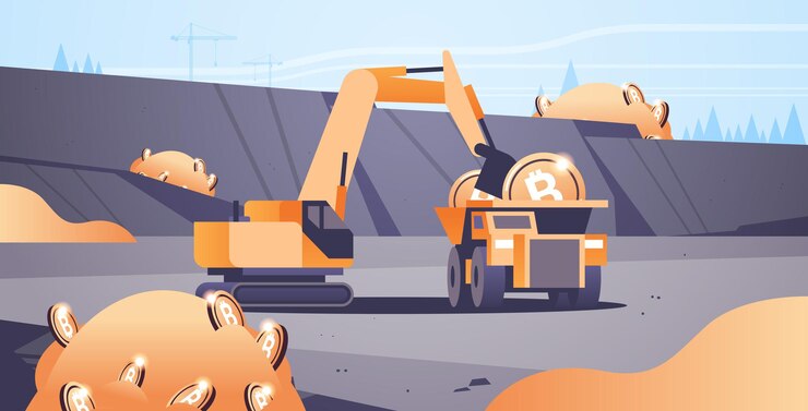 Vector excavator loading bitcoins on heavy truck mining transport golden coin digital money production cryptocurrency blockchain concept opencast stone quarry horizontal vector illustration