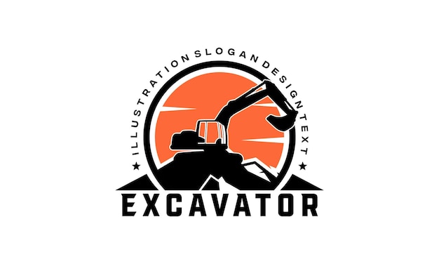 Excavator Logo は、住宅開発建物の修理工事および重機の調達のための重機の掘削機のアイコンを設計します