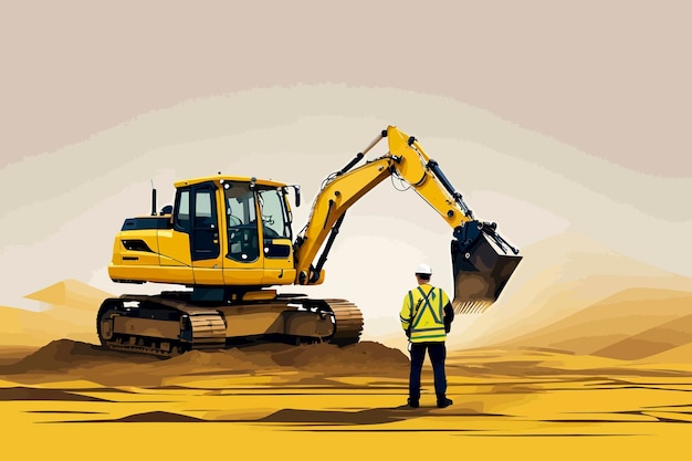 excavator mist yellow background illustration