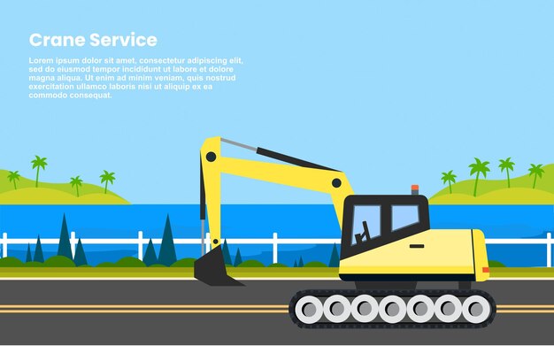 高速道路を移動する掘削機。黄色の掘削機。ベクトル イラスト。