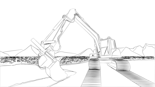 Excavator outline on field with flowers and mountains behind isolated Excavator bucket on ground and caterpillar tracks Design element