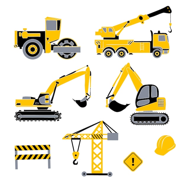 Excavator Set Illustration Building Machine Contractor Set Yellow Helmet Vector