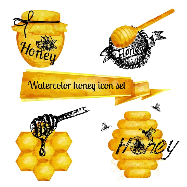 優れた品質の水彩テクスチャ水彩蜂蜜をテーマにしたアイコンのセット