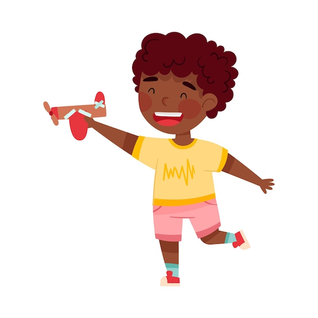 excited african american boy artist with handcrafted cardboard plane vector illustration