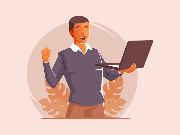 Vector excited black man working using laptop