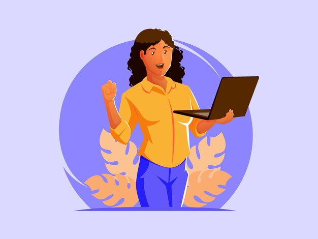 Vector excited black woman working using laptop