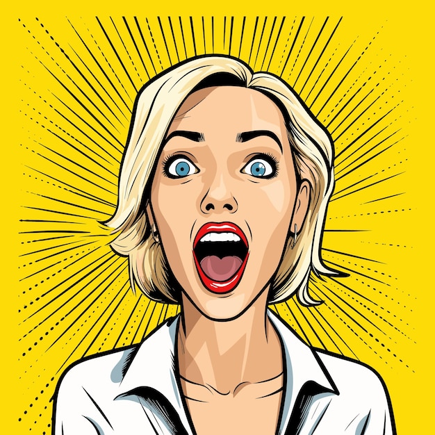 Excited blonde woman pop comic style vector illustration