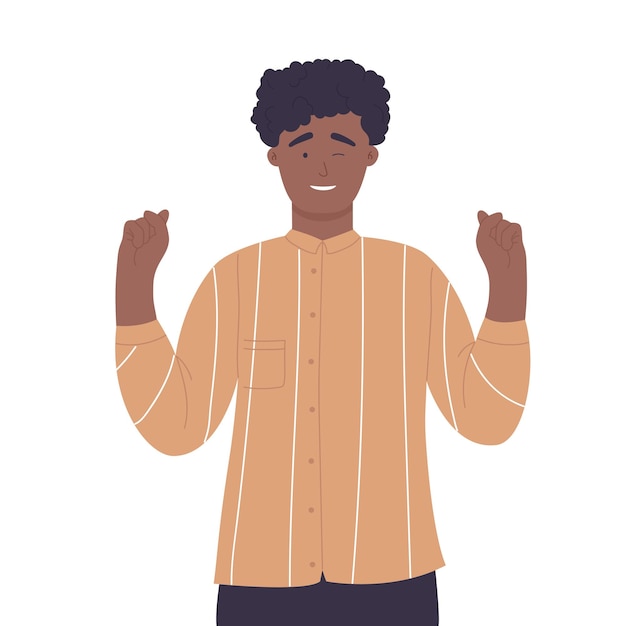 Vector excited boy holding hands fists up