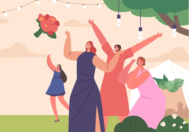 Vector excited bridesmaid girls eagerly catching wedding bouquet female characters hoping to be the next to tie the knot and continue the tradition of love and happiness cartoon people vector illustration
