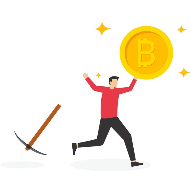 Excited businessman successfully mines bitcoins vector illustration in flat style