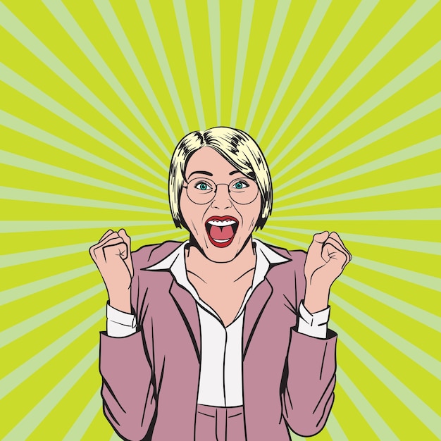 Vector excited businesswoman shouting and celebrating pop art vector illustration