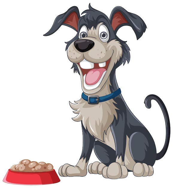 Vector excited dog cartoon sitting in front of food