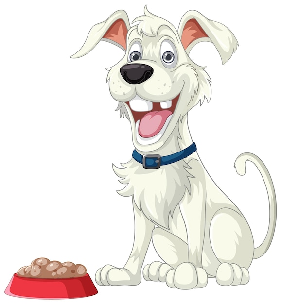 Vector excited dog cartoon sitting in front of food