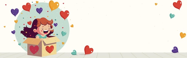 Excited Funny Girl With Heart Balloons Coming Out From Inside Surprise Box And Copy Space Banner Or Header Design