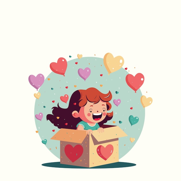 Excited Funny Girl With Heart Balloons Coming Out From Inside Surprise Box And Copy Space