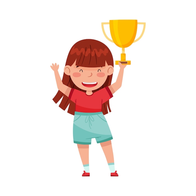 excited girl winner standing with gold cup as achievement award vector illustration