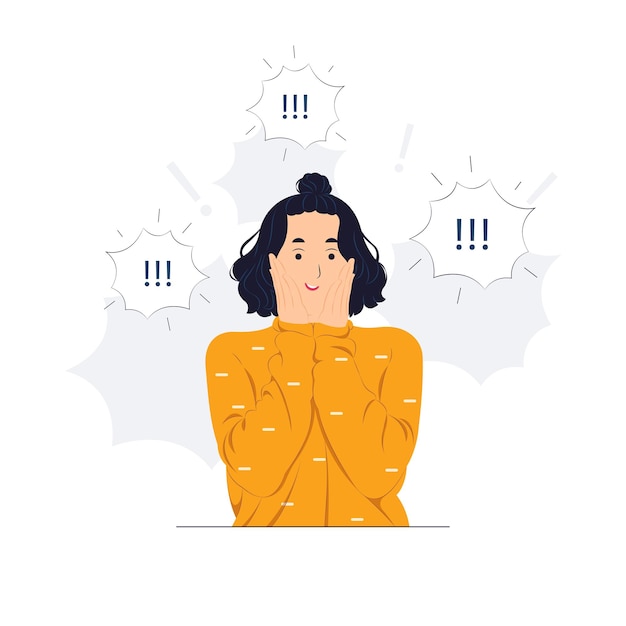 Vector excited girl with palm on cheek, optimistic woman raises palms from joy, happy to receive awesome present from someone, and shouts loudly concept illustration