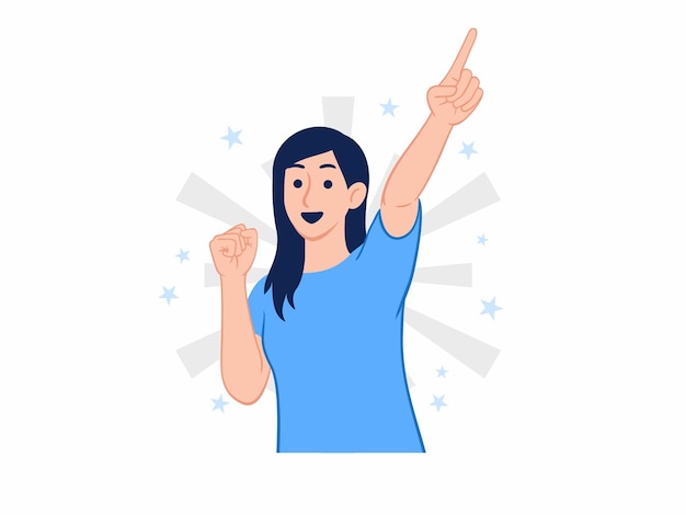 Vector excited happy cheerful woman raised hands pointing up celebrating positive winner spirit gesture