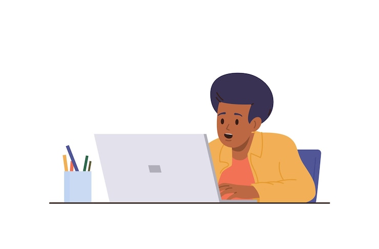 Vector excited happy schoolboy character studying online using laptop computer enjoying homeschooling vector illustration of little male child student having remote lesson watching funny education video