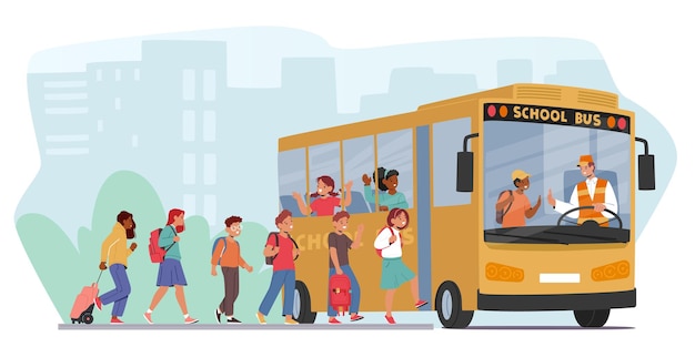 Vector excited kids eagerly board the school bus backpacks slung over shoulders and laughter filling the air ready for a day of learning and adventures with friends cartoon people vector illustration