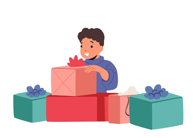 Vector excited little boy character kid opening big wrapped gift boxes decorated with ribbon bows holiday celebration