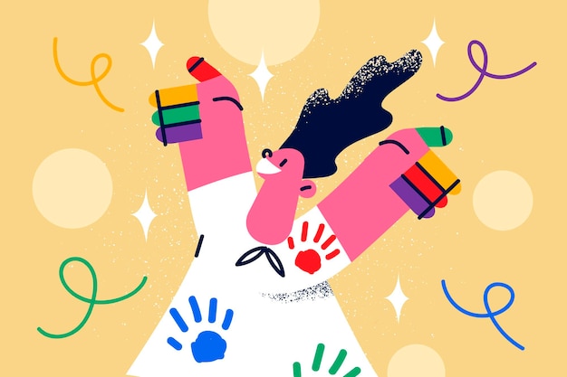 Excited little girl with paints on hands feel joyful optimistic. happy small kid child with colorful drawings on palms and body enjoy good joyous day. childhood fun concept. vector illustration.