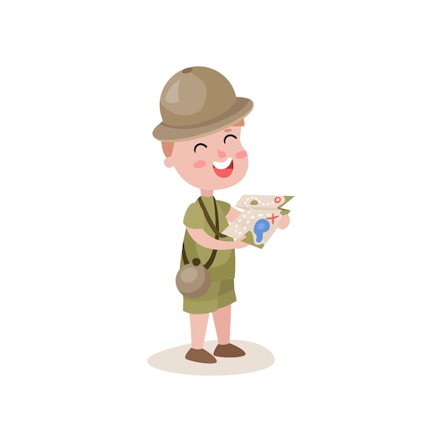 Excited little kid holding map in hands. Hiking recreation. Cartoon character of boy scout in khaki clothes with camping flask. Outdoor activities and terrain orientation. Flat vector illustration.