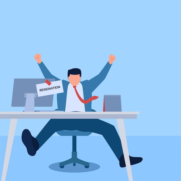 Excited man on chair with resignation envelope behind monitor metaphor for resignation Simple flat conceptual illustration