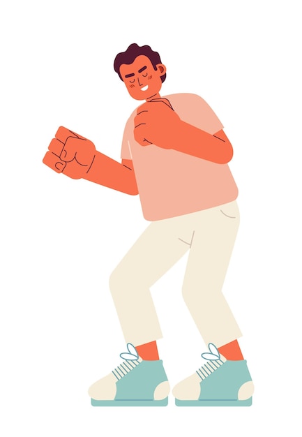 興奮した男が拳を握り締めるセミフラットカラーベクトル文字ポジティブな感情白地に編集可能な全身人Webグラフィックデザイン用のシンプルな漫画スポットイラスト