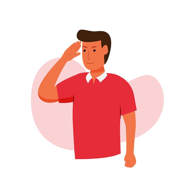 Vector excited man saluting to the flag celebrating indonesian independence day