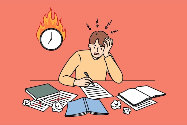 Vector excited man student is writing thesis and panicking because of deadline sitting near burning clock