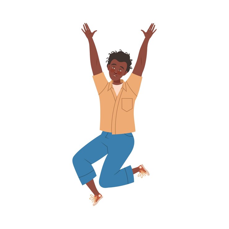 Vector excited man with raised hands jumping with joy cheering about something vector illustration