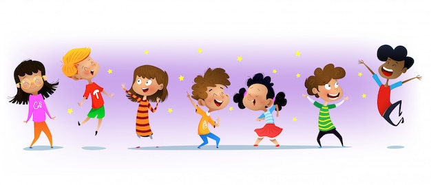 Vector excited multiracial boys and girls having fun