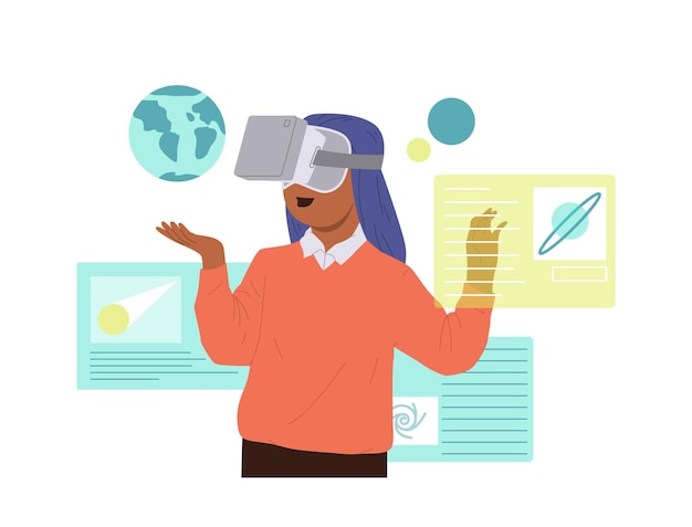 Возбужденная студентка-карикатурный персонаж в VR-очках изучает астрономию на школьном уроке